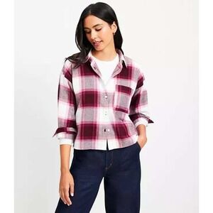 Loft Pheasant Crepe Pocket Shirt Burgundy Pink Plaid Button Down XL NWT‎ Top